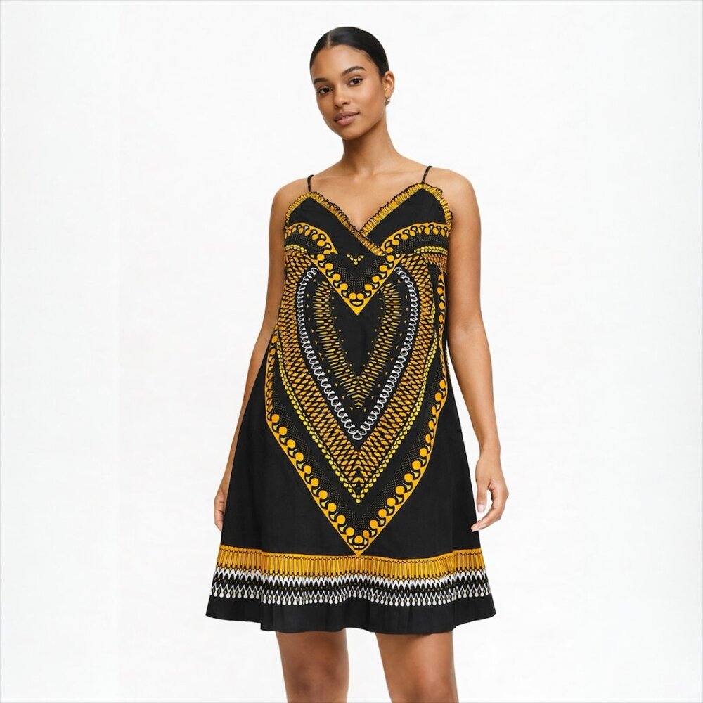 Women’s Boho Print Spaghetti Strap Sundress Knee Length Summer Dres 100% Cotton